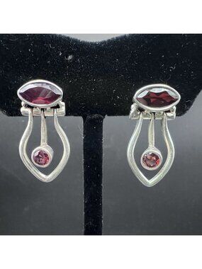 Vintage Sterling Silver Garnet Marquise Articulated Dangle Earrings